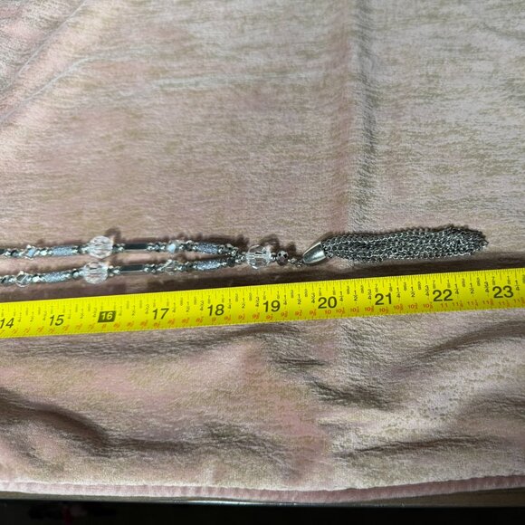 Charming Charlie Silver Beaded Tassel Pendant Necklace — Long Statement Necklace - Picture 6 of 6